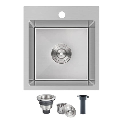 15 Inch Bar Sink Drop In Topmount With Single Bowl 304 Stainless Steel Handmade Kitchen Bar Sink Built For Prep And Entertaining Includes Basket Strainer Bar Grade Tough And Rust Resistant Durable, top view, accessories included