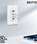 4 Port USB Wall Charging Outlet For Fast Power Up Your Gear, 4.2A Total 21W High Speed Type A Ports, 125V AC Input, LED Indicator, White
