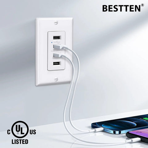4 Port USB Wall Charging Outlet For Fast Power Up Your Gear, 4.2A Total 21W High Speed Type A Ports, 125V AC Input, LED Indicator, White