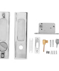 Recessed Handle Lock With Keys for Pocket Doors, Sliding Barn Doors, Cabinets, and Closets, Zinc Alloy Build, components displayed