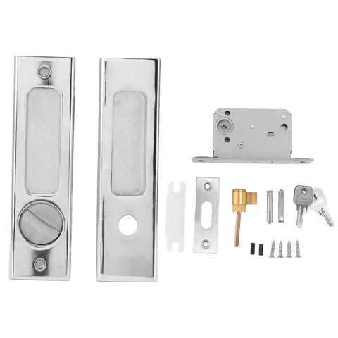 Recessed Handle Lock With Keys for Pocket Doors, Sliding Barn Doors, Cabinets, and Closets, Zinc Alloy Build, components displayed