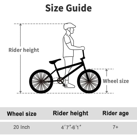 Size guide for Yaphet 20 Inch Freestyle BMX Bike For Teens And Adults Street Ready Trick Bike With 360 Degree Rotating Handlebar.