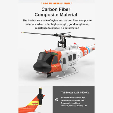 One Thirty Fourth Scale UH Huey RC Helicopter With GPS Positioning, composite blades, nylon and carbon fiber, rescue livery
