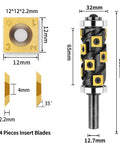 Tough As Nails Heavy Duty Double Bearing Flush Trim Router Bit With 14 Pc TiN Coated Carbide Inserts And 1/2 Inch Shank dimensions showing blade and insert details.
