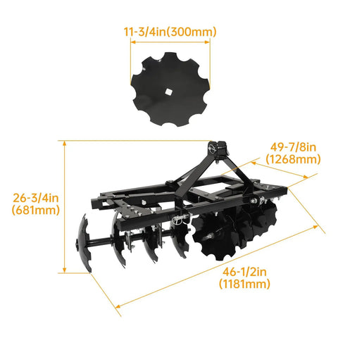 46 Inch Universal Disc Harrow For CAT 0 Tractors Heavy Duty Steel Construction dimensions and design