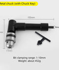 Aluminum Head Right Angle Drill Attachment With 8 mm Hex Shank For Electric Drills, includes chuck key and 1-10 mm bit range