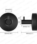 Dimensions of a round, matte black suction cup hook for shower and kitchen, shown from front and side view with measurements.