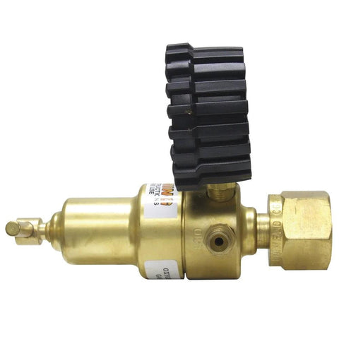 Uniweld RO100 Centurion Series oxygen regulator, brass body with black ribbed handwheel (side view).