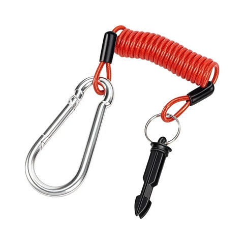 RV Breakaway Cable With Transparent Jacket Heavy Duty 4.0mm Core Cable And 1.5mm Steel Wire shown with red coiled lanyard and clip