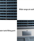 Wide range air outlet and water tank filling port of Top Shelf Portable Swamp Cooler With Honeycomb Evaporative Cooling Pads And Ice Water Tank For Powerful Heat Wave Eraser And Crisp Breeze Ideal For Garage Patio Basement Chill Zones.