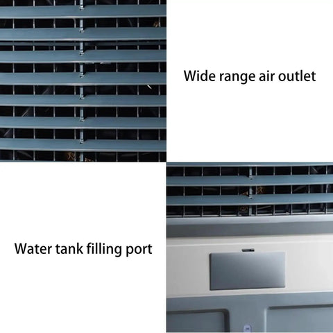 Wide range air outlet and water tank filling port of Top Shelf Portable Swamp Cooler With Honeycomb Evaporative Cooling Pads And Ice Water Tank For Powerful Heat Wave Eraser And Crisp Breeze Ideal For Garage Patio Basement Chill Zones.