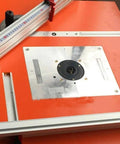 Builder Grade Aluminum Alloy Miter Bar For Table Saw featuring dead sure alignment, shown mounted on woodworking table.