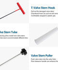 Valve stem tools including a T-Valve Stem Hook, Valve Stem Tube, and Valve Stem Puller from 45 Pc Tire Valve Stem Core Removal Tool Kit.