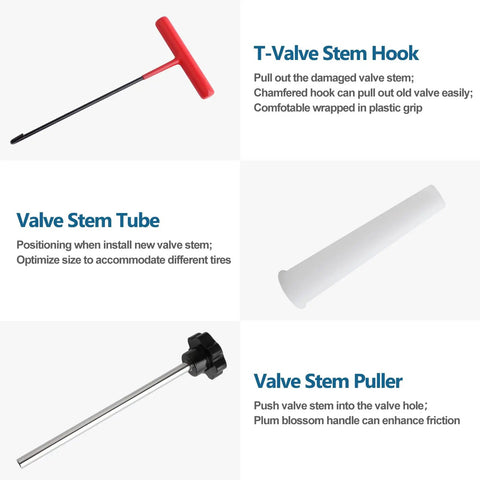 Valve stem tools including a T-Valve Stem Hook, Valve Stem Tube, and Valve Stem Puller from 45 Pc Tire Valve Stem Core Removal Tool Kit.
