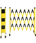 Heavy Duty Slick Retracting Metal Barrier Gate And Quick Fold Down Mobile Fence With Smooth Rolling Wheels, yellow and black fence fully extended.