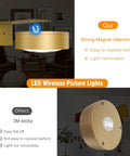 Three Pack Wireless Battery Operated Picture Lights With Remote And Timer For Art Frames No Sweat Install Killer Glow Smooth Dimming In Gold Finish with strong magnet attachment.