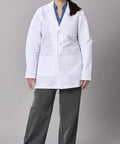 Unisex Lab Coat For Professionals White Long Sleeve Consultation Length Four Button Front Three Pockets Plus Reinforced Pen Pocket Durable Eighty Percent Polyester Twenty Percent Cotton Poplin Large Size worn by model
