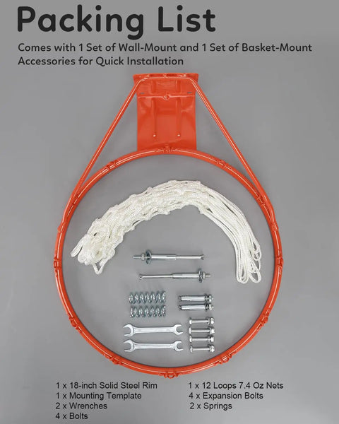 Heavy Duty Replacement Basketball Rim 18 Inch Solid Steel Pro Grade Hoop Rim For Wall Mount And Backboard Replacement With Double Spring Design And Heavy Duty Net Includes Complete Installation Kit Game Ready For Fast Setup, showing rim and installation kit components