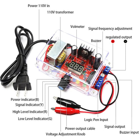 Close-up of Adjustable LM317 Power Supply Kit From 110V To DC With 1.25V To 12V Output Built In Voltmeter, featuring components and labels.