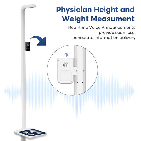 Pro Grade Clinic Height And Weight Scale With Ultrasonic Sensors And Four High Precision Load Cells, 76.8 Inch Max Height, 23.6 To 76.8 Inch Range, Accurate BMI Calculator Up To 485 Pounds Or 220 Kilograms. White clinic scale with voice announcements