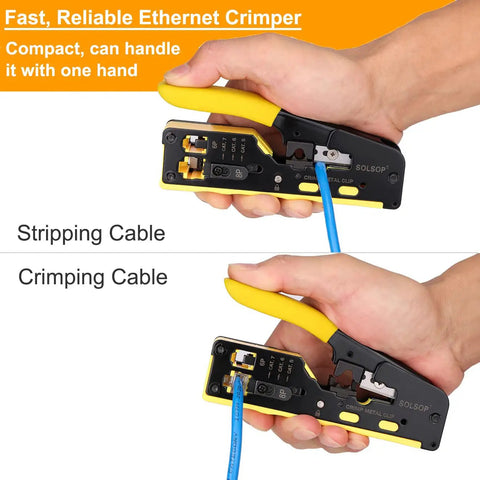 All In One Pass Through RJ45 Crimp Tool Kit With Network Cable Tester for Cat5, Cat5e, Cat6, Cat6A, Cat7 Ethernet Cables.