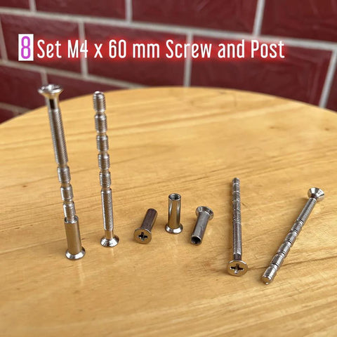 8 Set M4 X 60mm Breakaway Phillips Flat Countersunk Screws With Posts displayed on a wooden surface