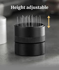 Top Tier Wdt Tool For Espresso Buffs cuts ground clumps, height adjustable black stainless steel stirrer for 53mm and 58mm portafilters.