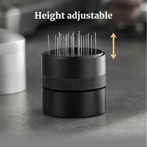 Top Tier Wdt Tool For Espresso Buffs cuts ground clumps, height adjustable black stainless steel stirrer for 53mm and 58mm portafilters.