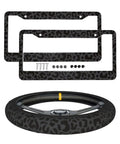 Leopard Print License Plate Frame And Steering Wheel Cover Set For Cars, Aluminum Plate Frame With Screws, Anti Slip Breathable Cover