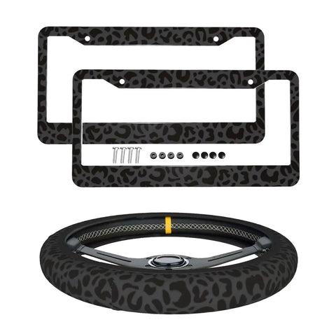 Leopard Print License Plate Frame And Steering Wheel Cover Set For Cars, Aluminum Plate Frame With Screws, Anti Slip Breathable Cover