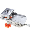 Montesy 35mm hinge bore jig, side view, metal drill guide with orange knob