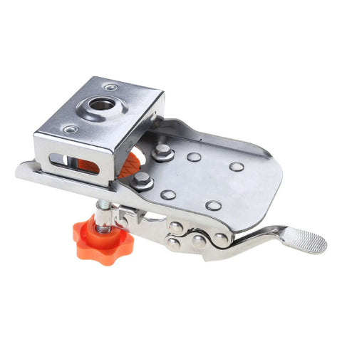 Montesy 35mm hinge bore jig, side view, metal drill guide with orange knob