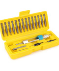 Open yellow case displaying 20 Piece Drill Driver Swivel Bit Set With 16 Bit Types, Countersink Bits, Quick Change Allen Wrench