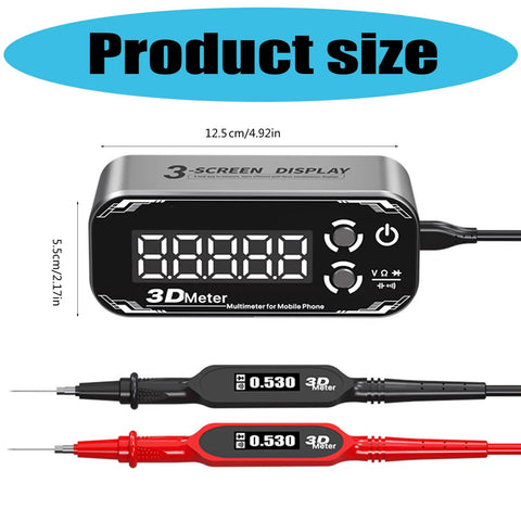 Top Notch Ergonomic Digital Multimeter With Big Bright Screens Auto Shutdown And High Accuracy Voltage Current Capacitance Testing For All Electric Gigs on a gray background with test leads.