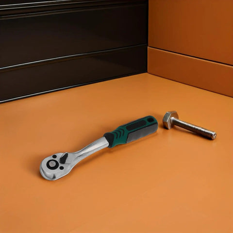 Heavy Duty 10mm Quick Release Ratchet Extension Featuring 72 Tooth Reversible Head For Mechanics Seeking Straight Fire Torque And Slick As Butter Movement In Tight Garage Spots on orange surface next to a bolt.