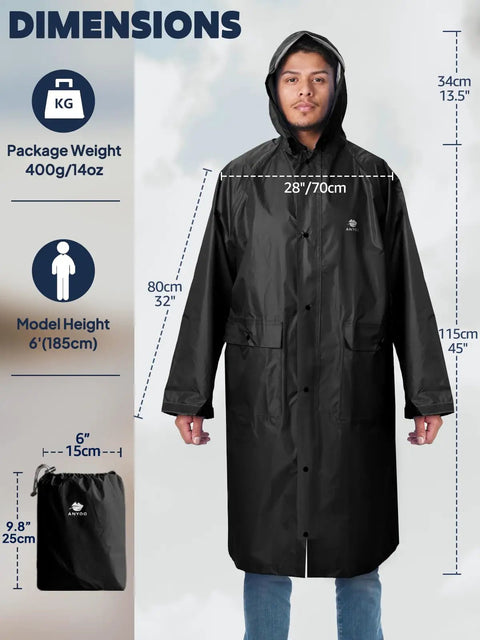 Waterproof Rain Jacket For Men And Women Lightweight Hooded Long Sleeve Packable Windbreaker Poncho For Hiking And Outdoor Adventures Emergency Rain Gear With Ripstop Fabric And TPU Coating For Severe Wet Conditions in black, shown on model with dimensions.
