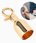 10 Pack Top Shelf Gold Rope End Snap Hooks, No Sweat Zinc Alloy Fastener Set With Screws, close-up view of gold bell-shaped snap hook.