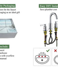 Brushed Gold 8 Inch Widespread Bathroom Faucet With Pop-Up Drain 3-Hole Setup High Arc Two-Handle shown with packaging and diagram