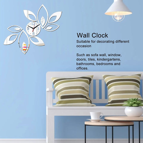 DIY Silver Mirror Leaf Wall Clock Sticker Kit With Modern Hollow Floral Design Self Adhesive Wall Decal For Living Room Bedroom Office Decor Silent Movement Easy Peel And Stick Elegant Home Accent, wall-mounted in bedroom