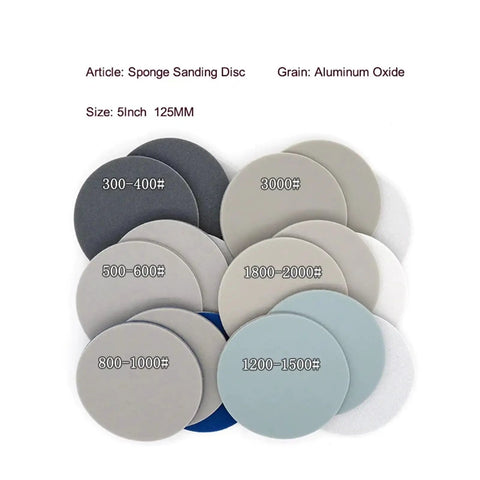 Six Pack 5 Inch Sponge Sanding Discs With Peel And Switch Backing For Easy Swap and Dust Vent Holes showcased in various grits.