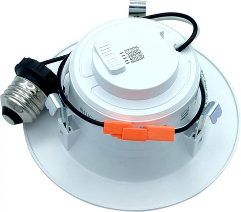 AH Lighting, Retrofit Smooth Reflector Kit, 4 Inch Dimmable LED 5CCT Downlight Recessed Light showing E26 base and dimming switch.