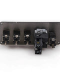 Back view of a 12V DC 5 In 1 Car Ignition Switch Panel Kit With Engine Start Push Button LED Toggle Switches Carbon Fiber Finish For Racing Cars Trucks And RVs Includes Relay For Quick And Smooth Start showing fuse connections and relay