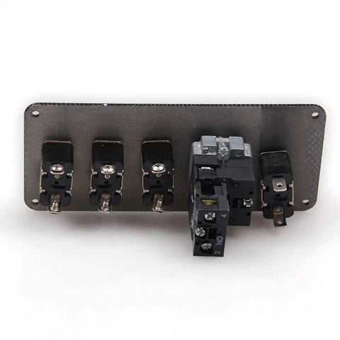 Back view of a 12V DC 5 In 1 Car Ignition Switch Panel Kit With Engine Start Push Button LED Toggle Switches Carbon Fiber Finish For Racing Cars Trucks And RVs Includes Relay For Quick And Smooth Start showing fuse connections and relay