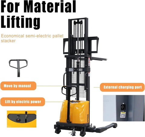 Heavy Duty Semi Electric Pallet Stacker Boasting A Badass 3300 Lb Capacity And A Solid 118 Inch Lift Height With Smooth Hydraulic Controls Reliable Pedal Brakes And A Rugged 12 Volt Battery To Crush Heavy Loads All Day Long