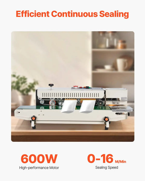 Heavy Duty Continuous Horizontal Bag Sealer Machine With Digital Temp Control And Air Blow Function For Quick Plastic Packaging Grinds Built Tough For Zero Sweat Daily Shipping Tasks displayed showing high-performance motor and sealing speed.