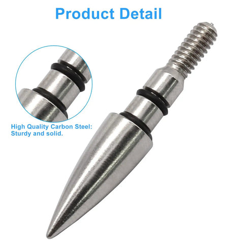 Close-up of 12 Pack 100 Grain Archery Field Points For Five Sixteenth Inch Arrows, showing carbon steel tip with O-ring, silver finish.