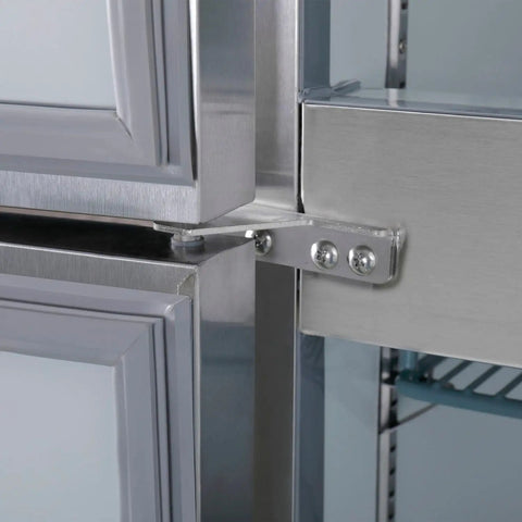 Close-up of the stainless steel hinge on the Badass Heavy Duty Commercial Reach In Refrigerator featuring four solid doors.