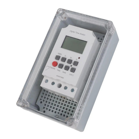 Straight Up Heavy Duty Digital Timer Switch With Damn Accurate Second Timing Rock Solid 25 Amp 220 Volt IP66 Weatherproof Relay Box showing the digital timer and protective casing.