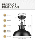11 Inch Semi Flush Mount Ceiling Light With Industrial Vibe Matte Black Exterior And White Interior dimensions diagram