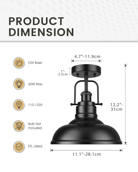 11 Inch Semi Flush Mount Ceiling Light With Industrial Vibe Matte Black Exterior And White Interior dimensions diagram